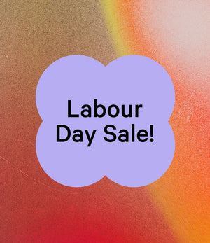 Labour Day Sale text in a purple cloud shape on a multicolored background