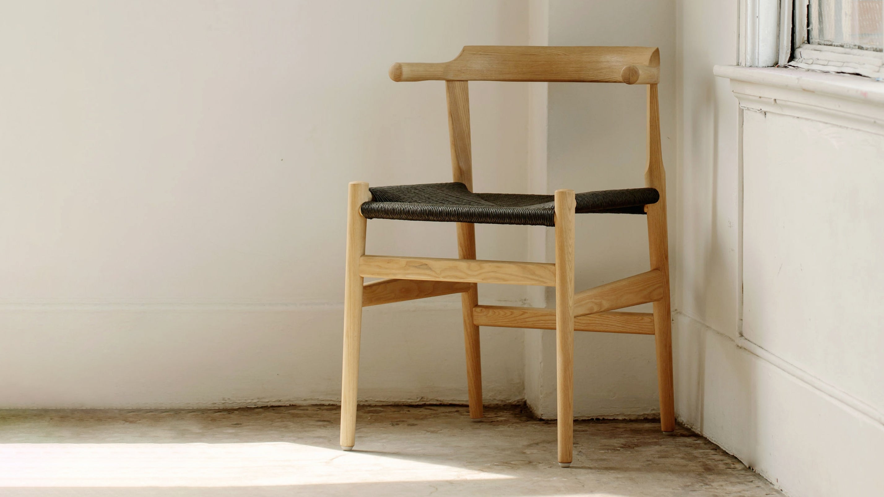Tuck In Dining Chair, White Ash, Black Papercord Seat