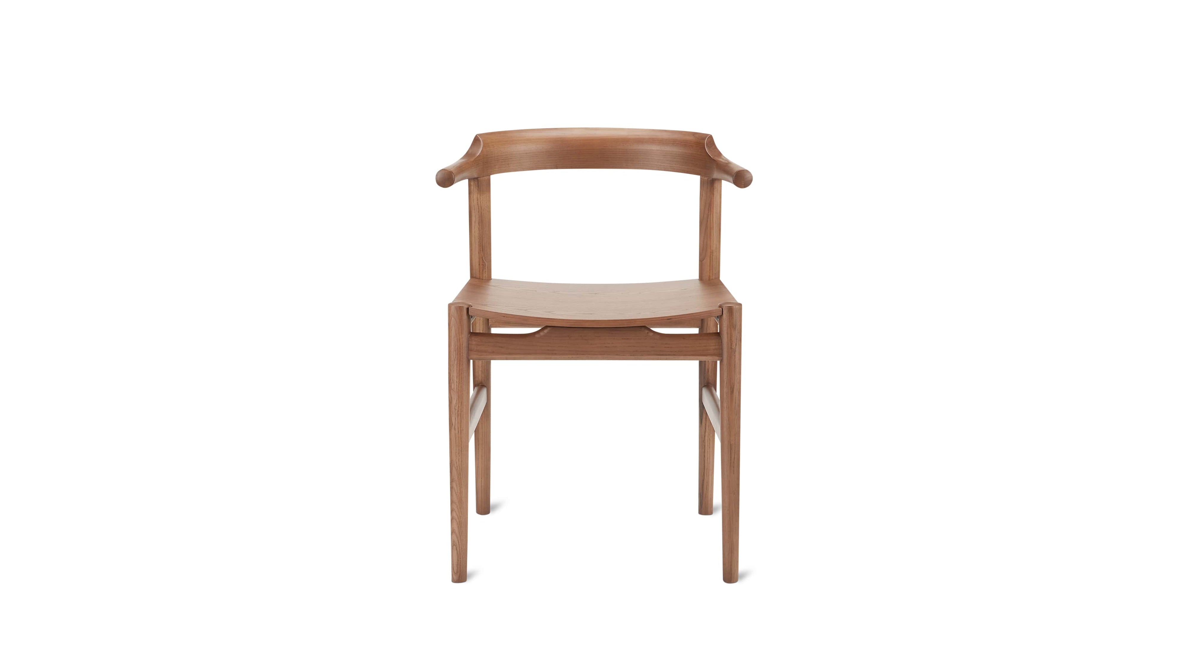 Wooden chair with curved armrests on a white background